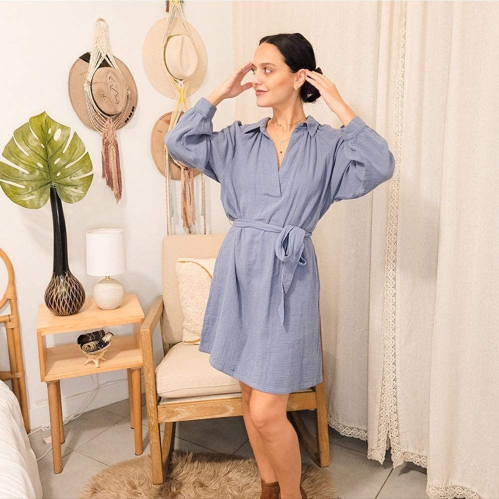 H&M Wemen's Belt Dress 100% Cotton Long Ballooon Sleeve V Neck Blue Size XS